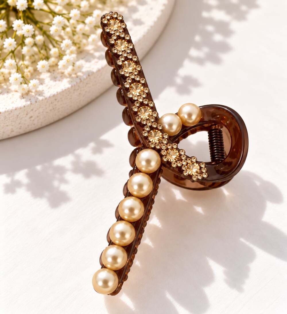 Dark Brown Pearl Rhinestone Hair Claw Champagne Gold Coquette Glam Statement